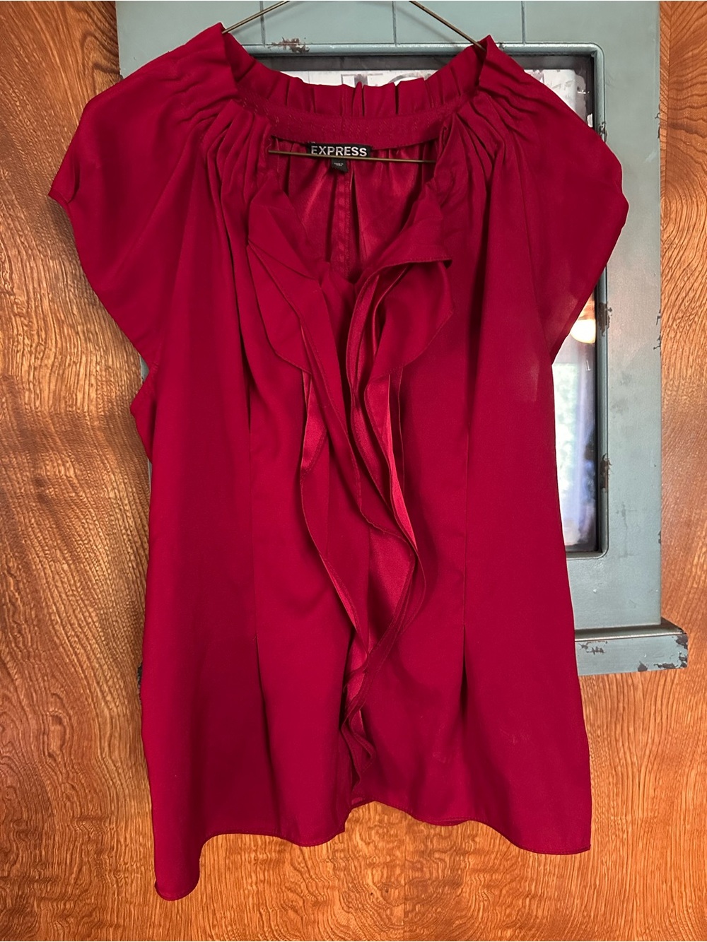 Express Women's Cherry Red Ruffle Front Blouse
